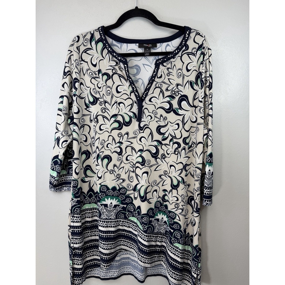 Style & Co Plus Size Navy Floral Blouse W‎ Accented Collar Size 1X